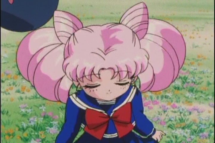 Chibi-Usa curtseys to Serenity